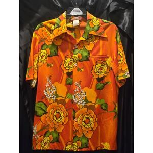 VINTAGE 1960s YOUNG HAWAII HAWAIIAN SHIRT MENS M HONOLULU Orange Hibiscus Floral